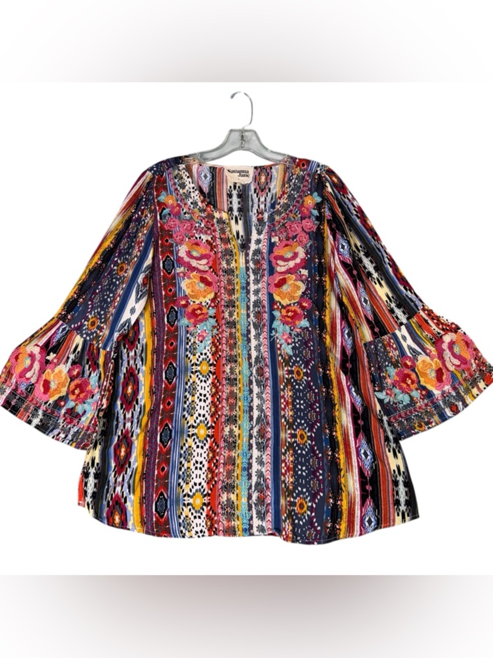 Women's Savanna Jane  Floral Embroidered Tunic Top Large Bell 3/4 Sleeve